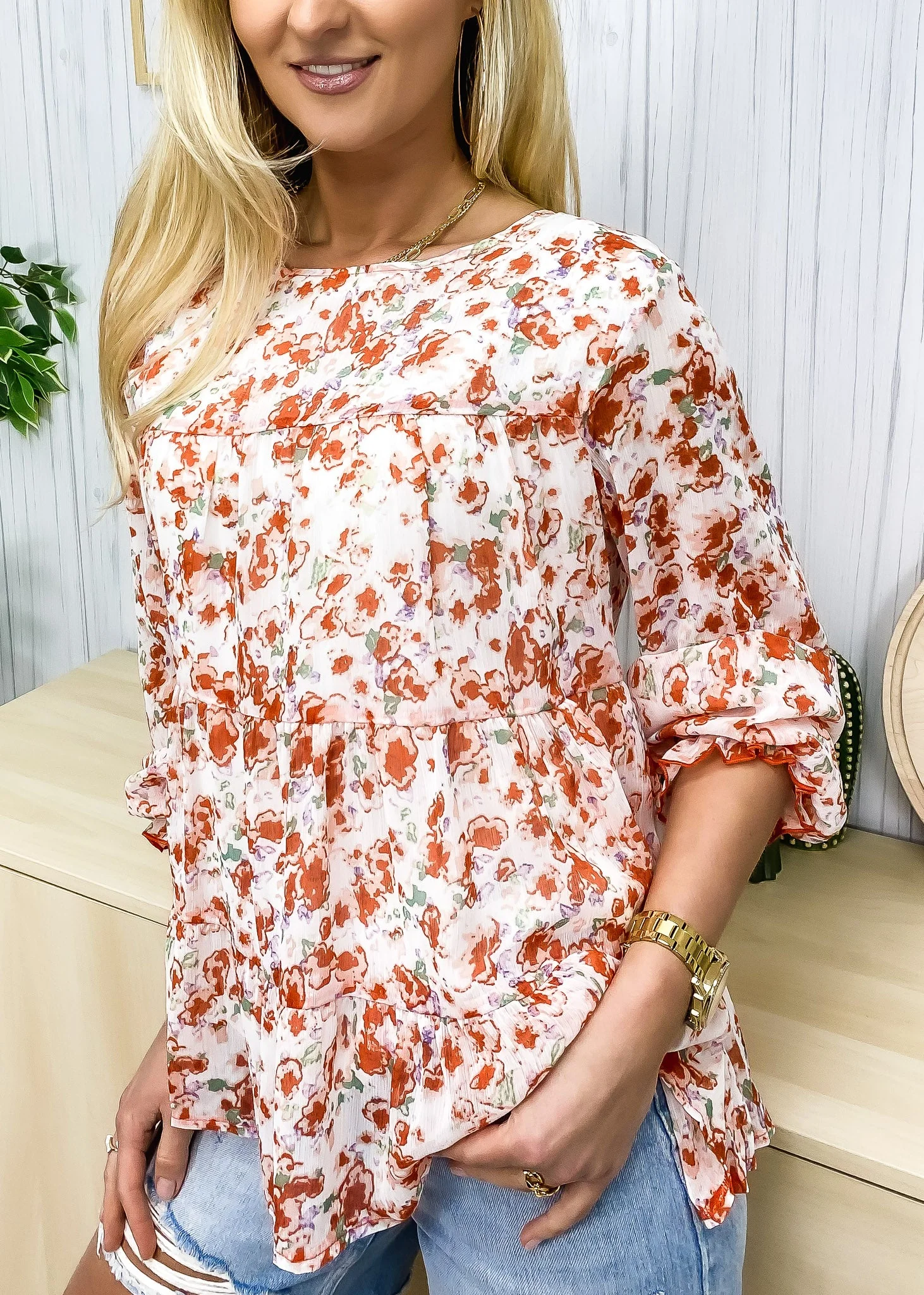 Printed Ruffle Hem Flowy Blouse - Image 29