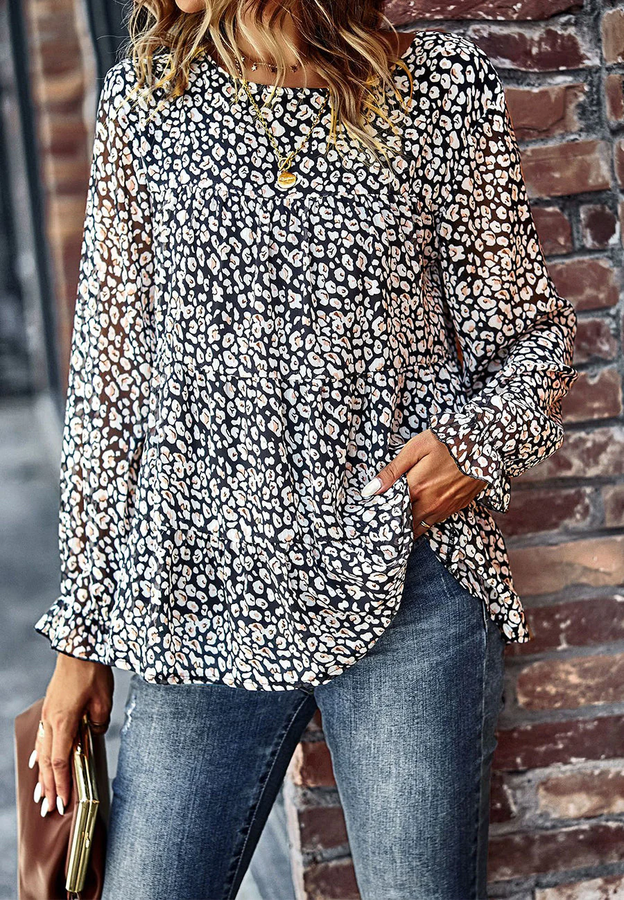 Printed Ruffle Hem Flowy Blouse - Image 9