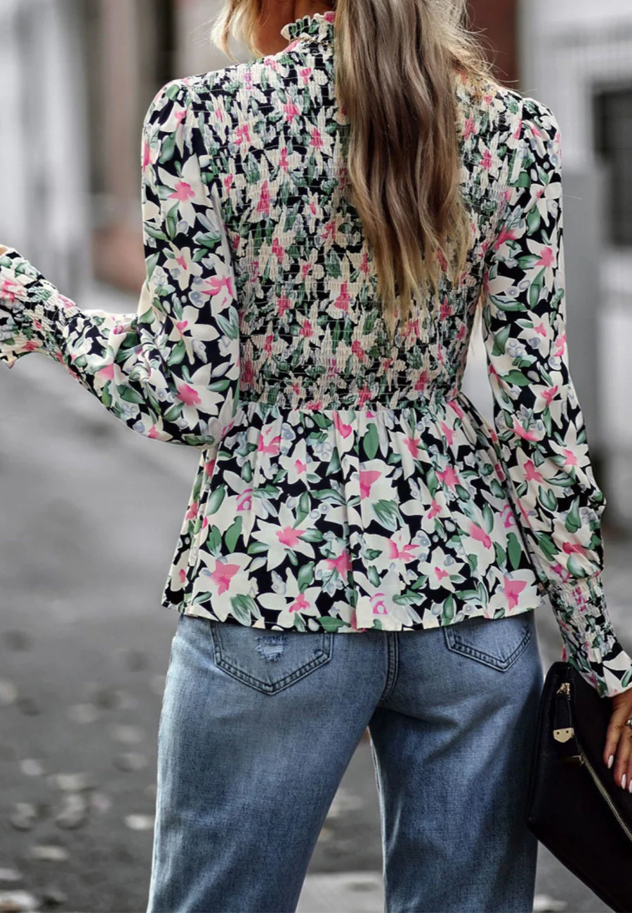 Printed Shirred Neck Peplum Blouse - Image 12