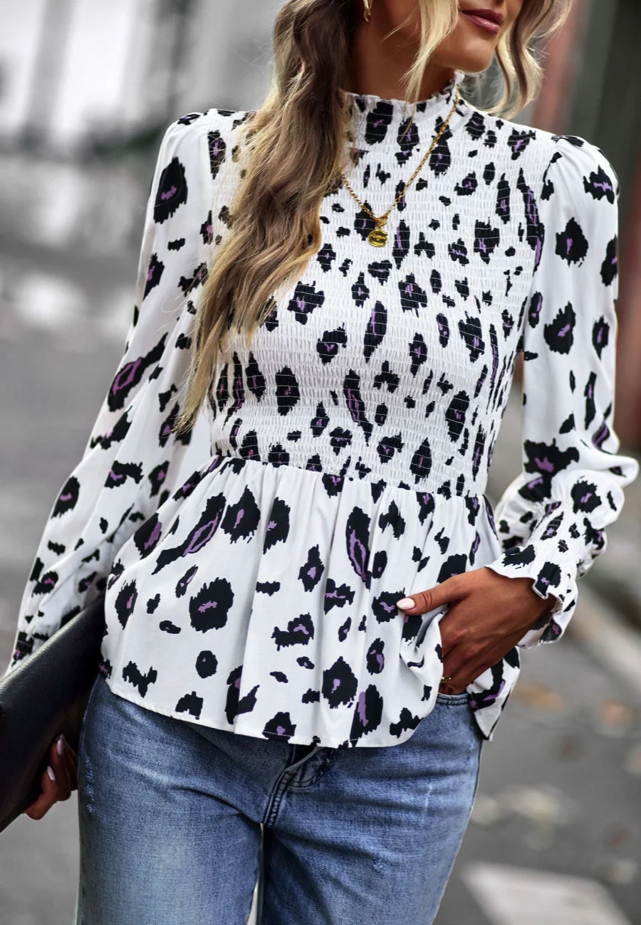 Printed Shirred Neck Peplum Blouse - Image 20