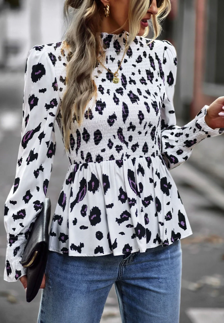 Printed Shirred Neck Peplum Blouse - Image 21