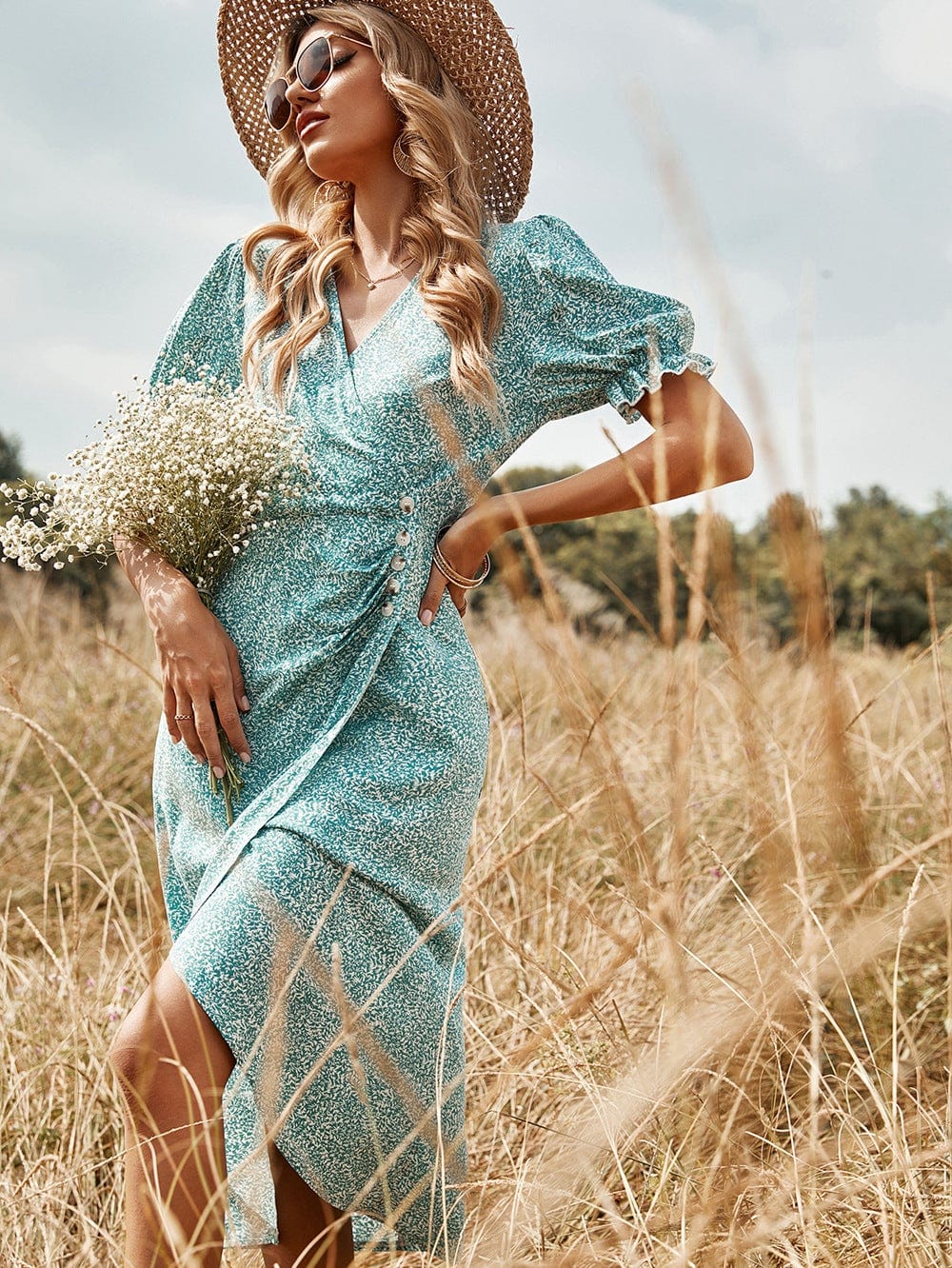 Printed Side Button Wrap Dress - Image 3