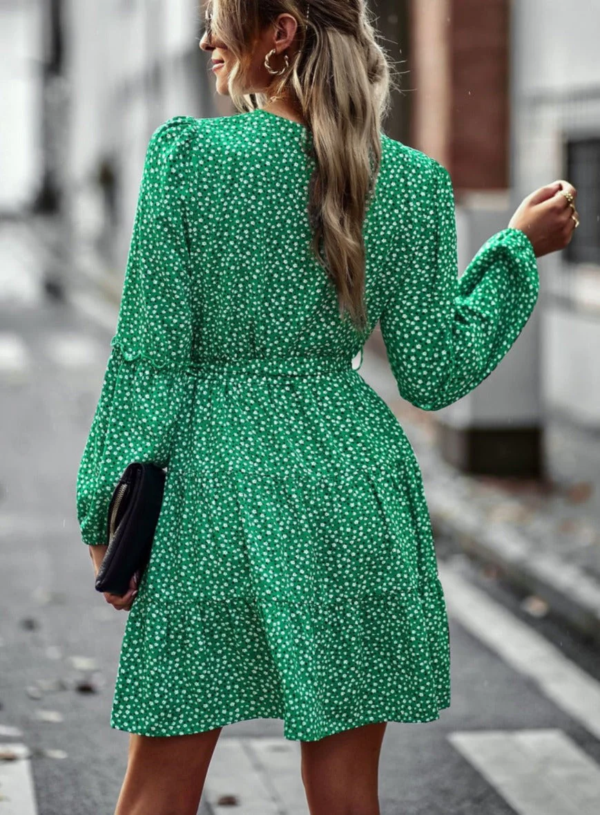 Printed Surplice Neck Fall Dress - Image 10
