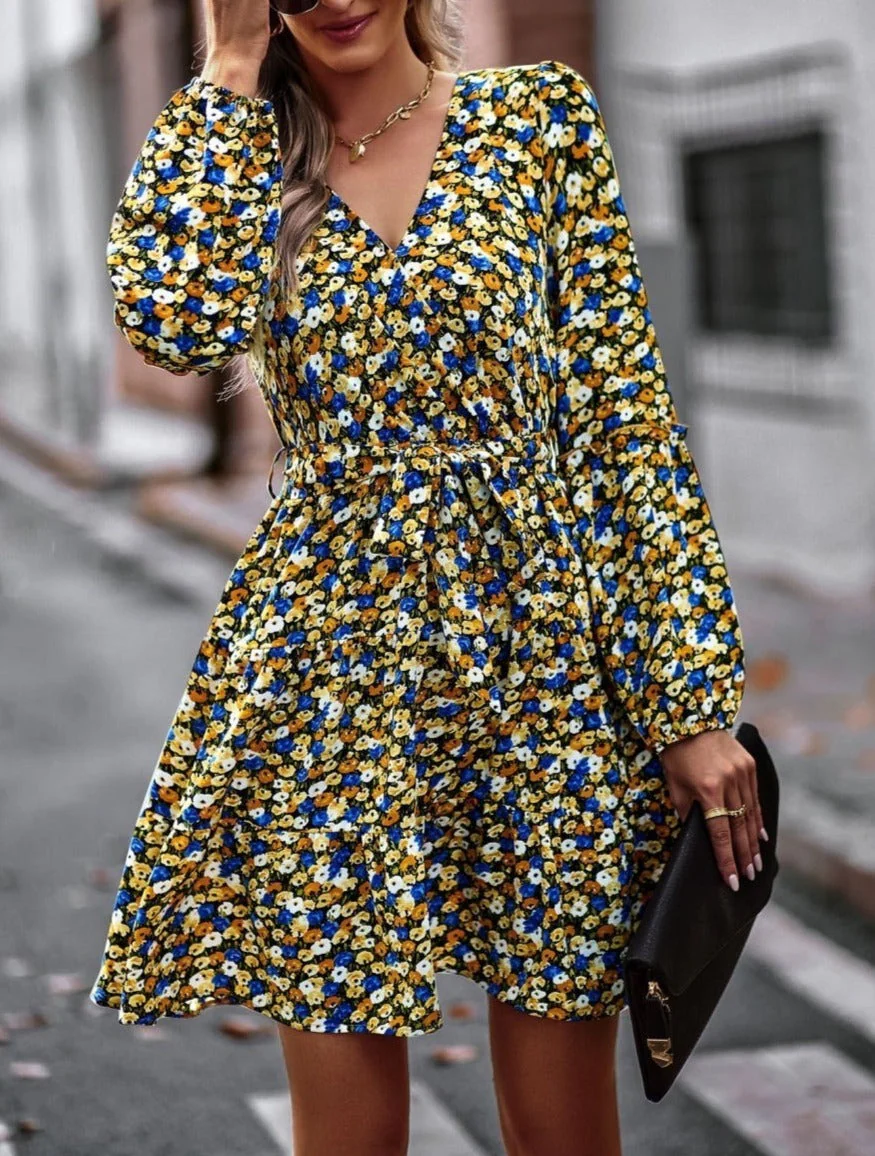 Printed Surplice Neck Fall Dress - Image 11