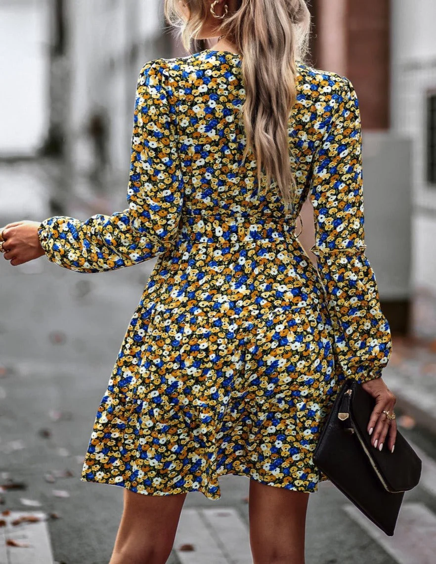 Printed Surplice Neck Fall Dress - Image 13