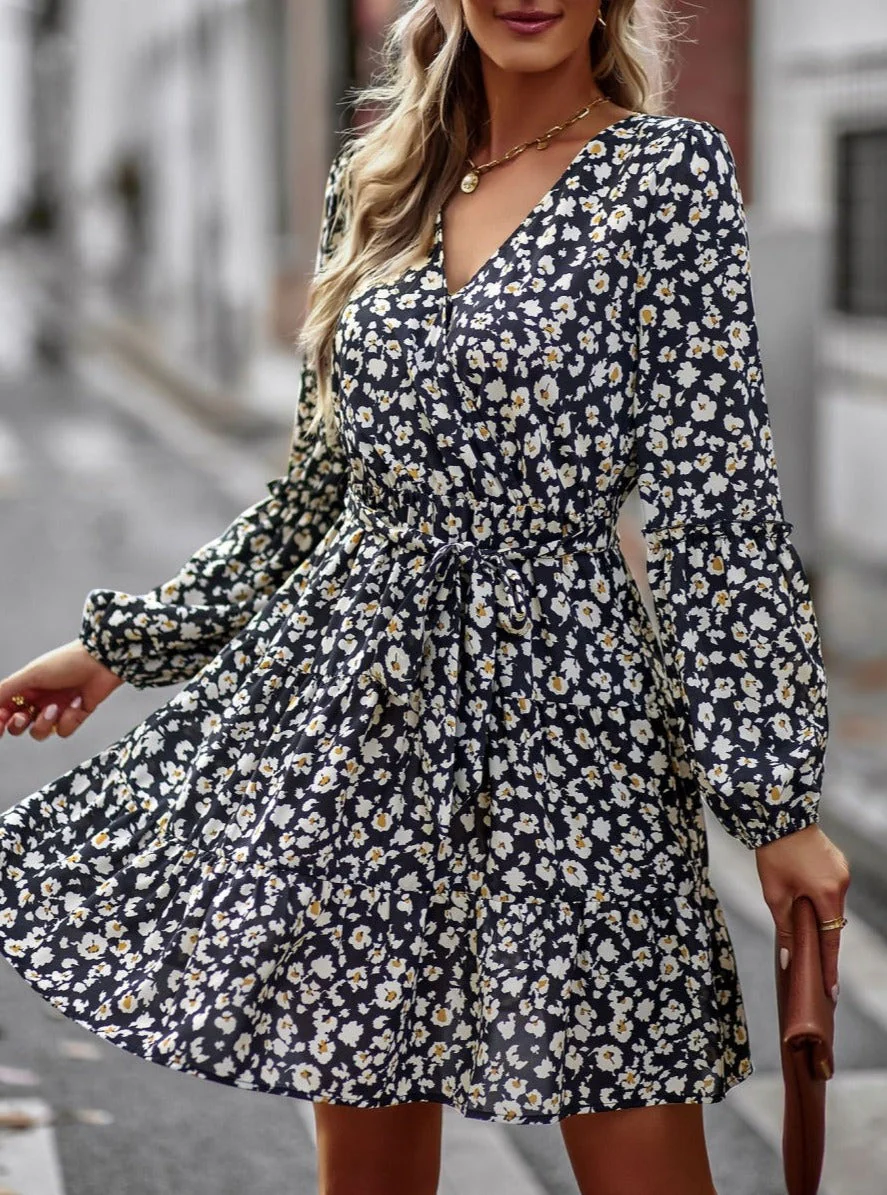 Printed Surplice Neck Fall Dress - Image 2