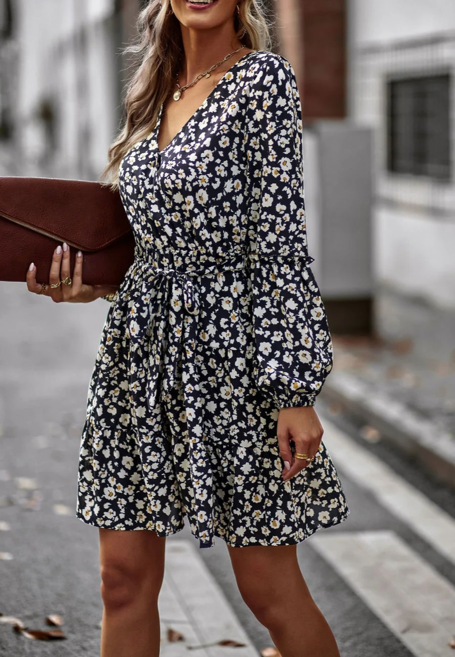 Printed Surplice Neck Fall Dress - Image 3