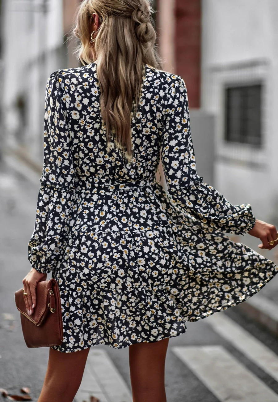 Printed Surplice Neck Fall Dress - Image 4