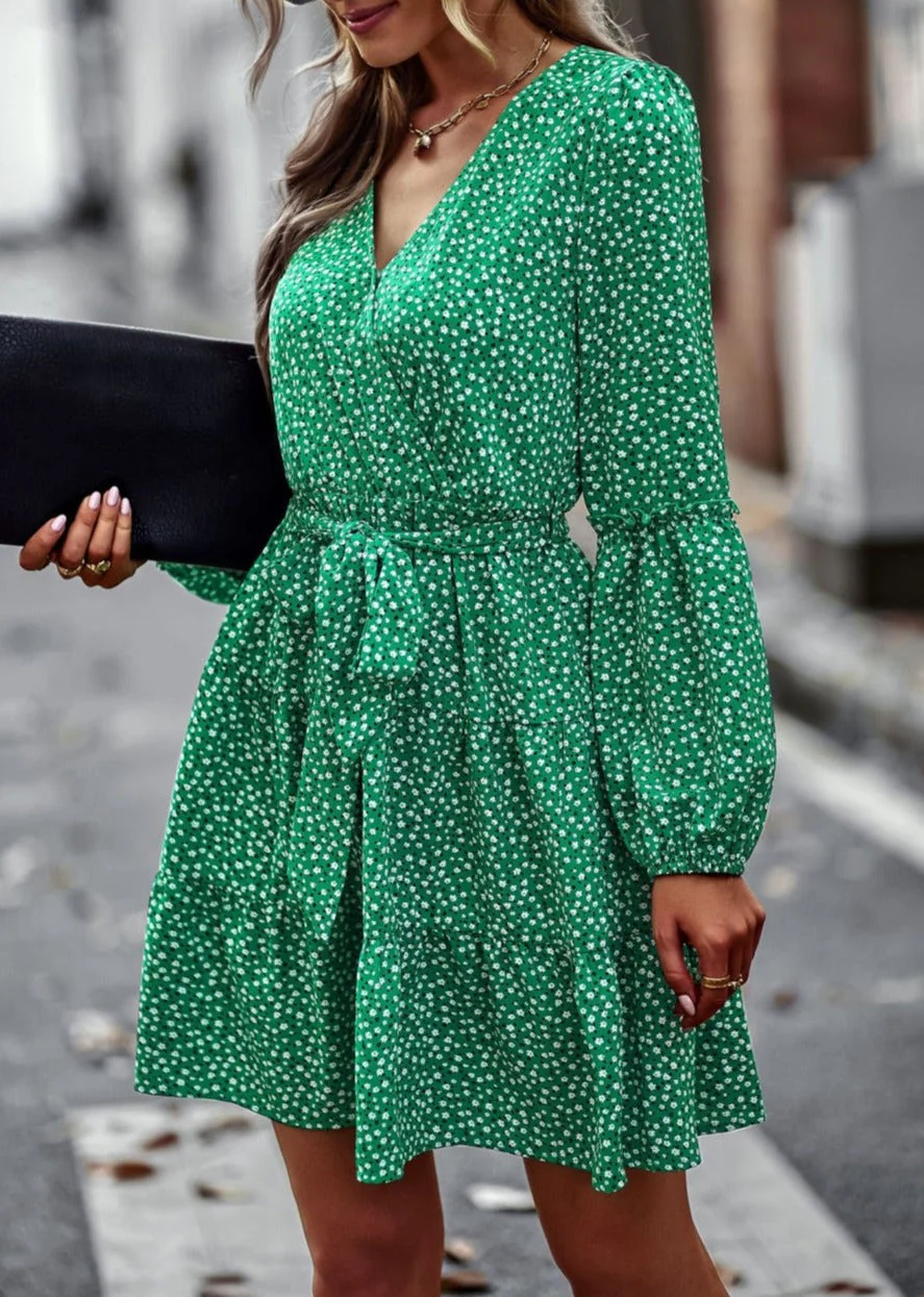 Printed Surplice Neck Fall Dress - Image 8