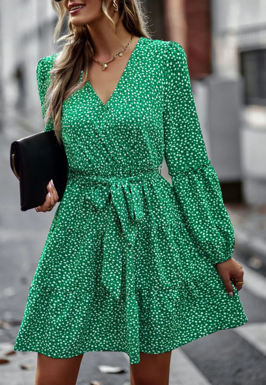 Printed Surplice Neck Fall Dress - Image 9