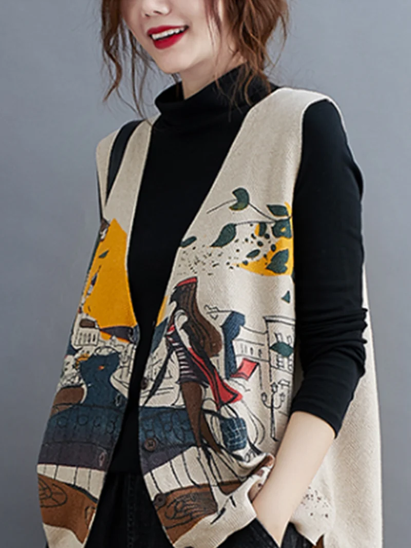 Printing Sleeveless knitted Vest Sweater Cardigan Jacket - Image 3