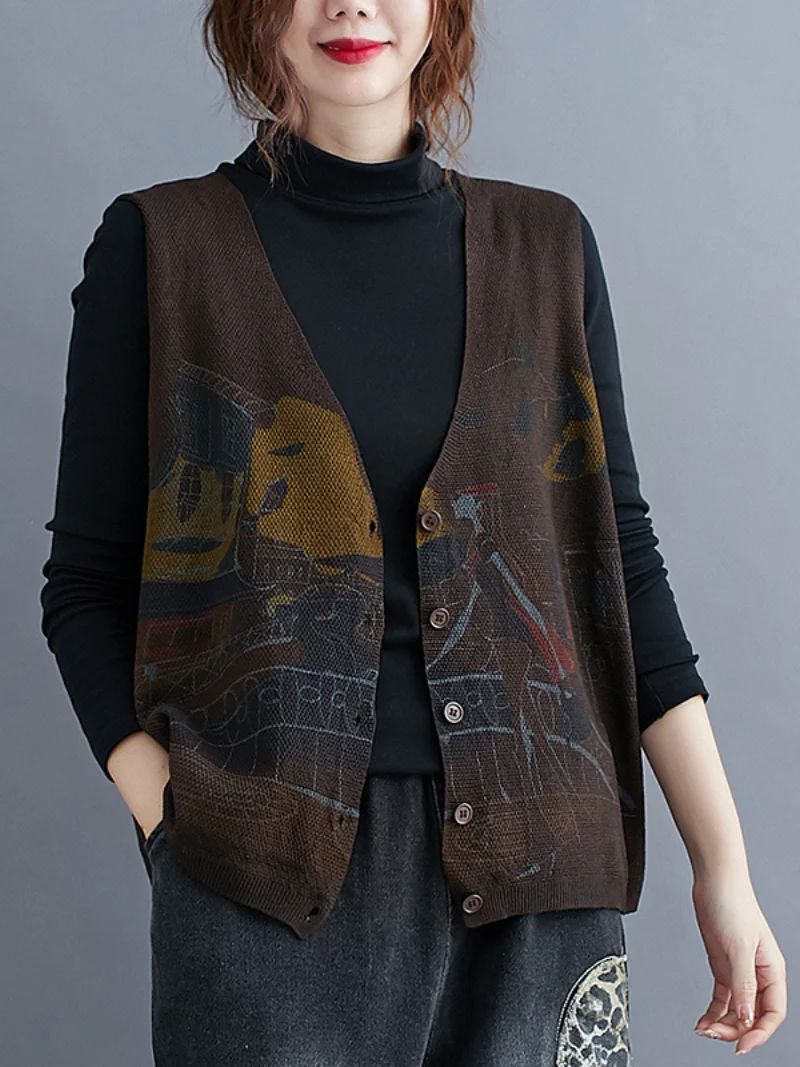 Printing Sleeveless knitted Vest Sweater Cardigan Jacket - Image 4