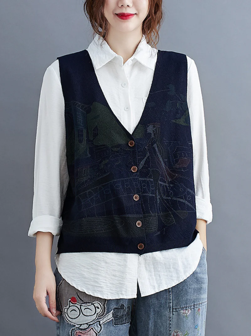 Printing Sleeveless knitted Vest Sweater Cardigan Jacket - Image 5