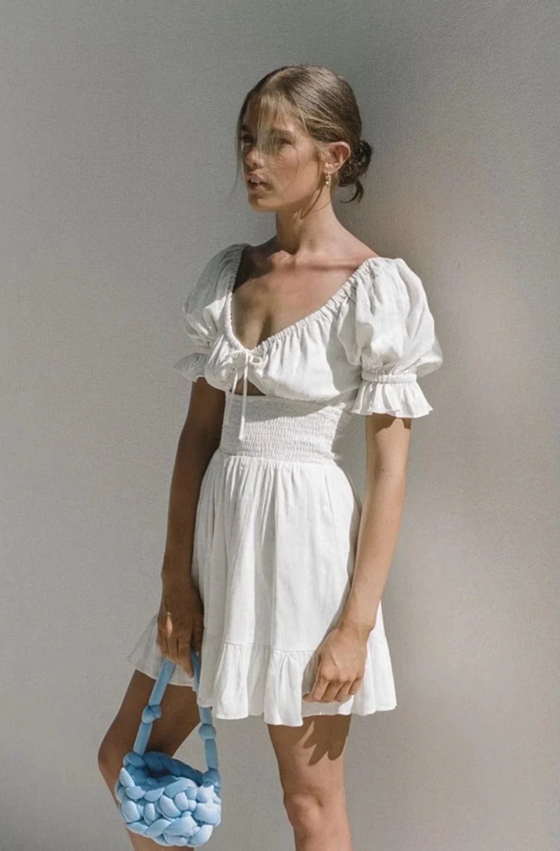 Puff Sleeve Cut Out Ruched Drawstring Peasant Mini Dress - Image 4