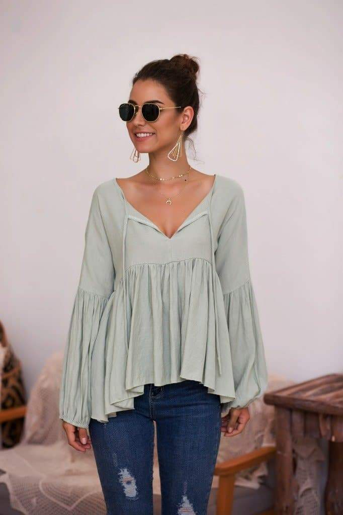 Puff Sleeve Pleated Hem Blouse - Image 6