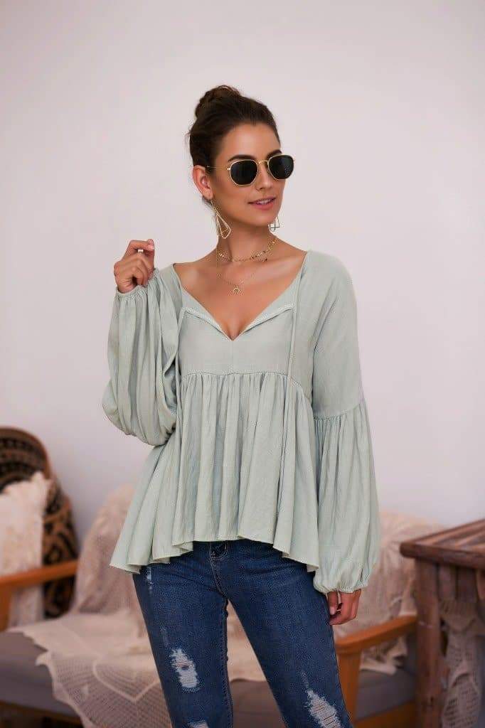 Puff Sleeve Pleated Hem Blouse - Image 8