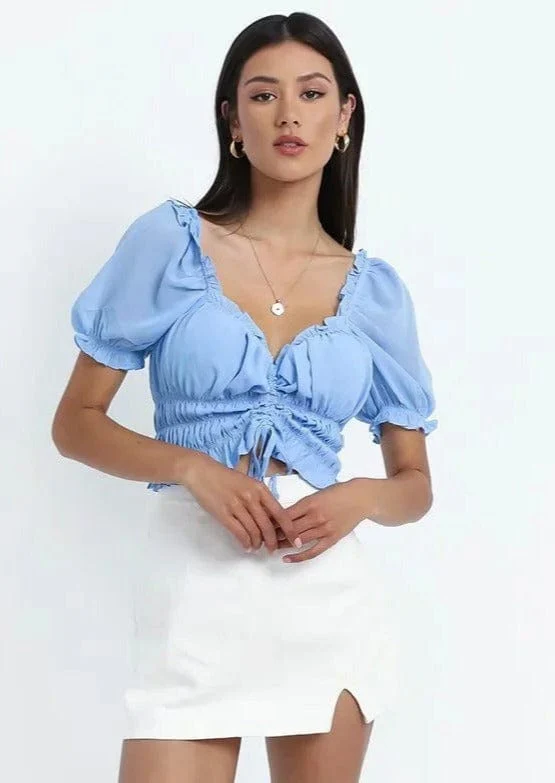 Puff Sleeve Sweetheart Drawstring Ruched Crop Top