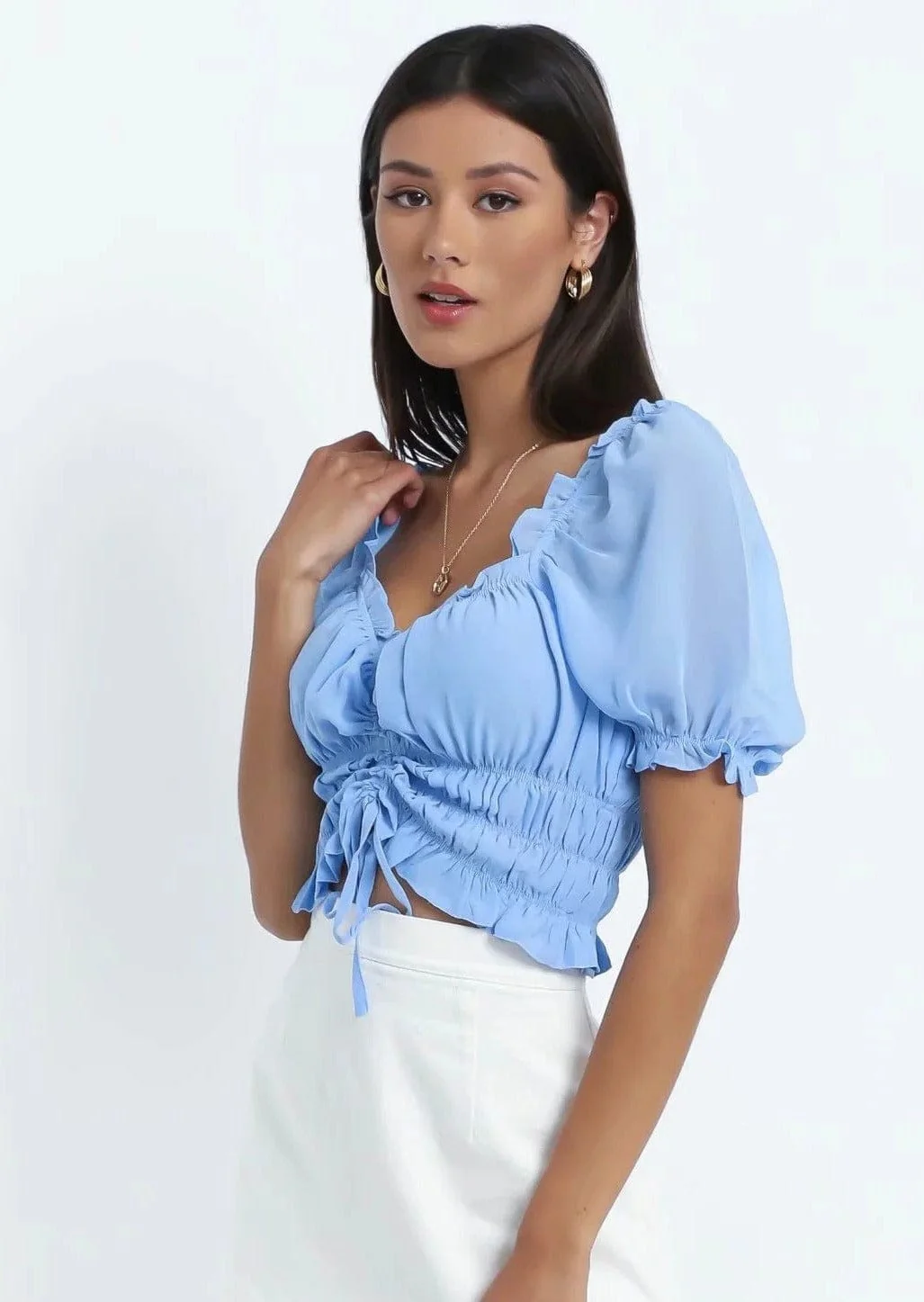 Puff Sleeve Sweetheart Drawstring Ruched Crop Top - Image 2