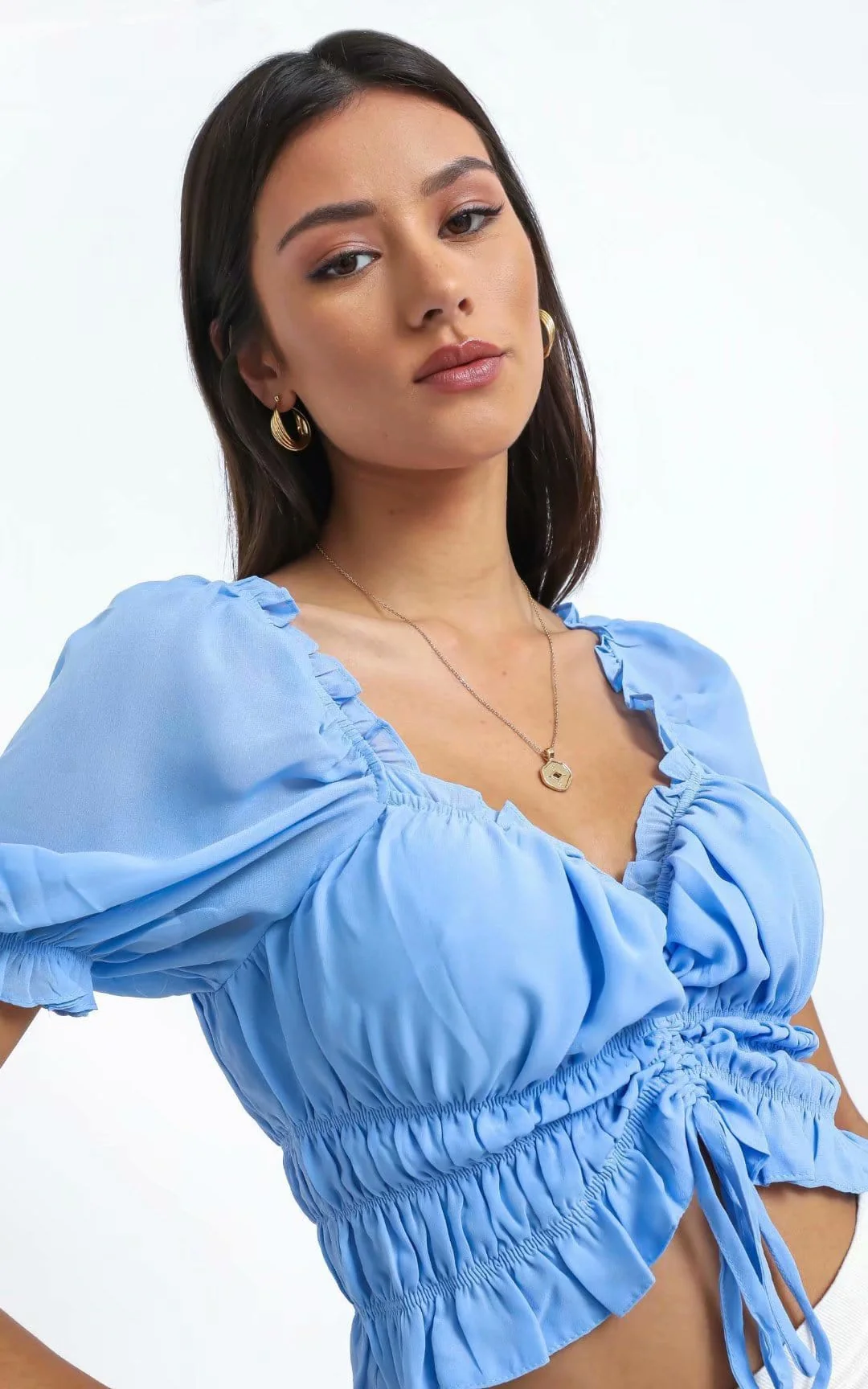 Puff Sleeve Sweetheart Drawstring Ruched Crop Top - Image 3