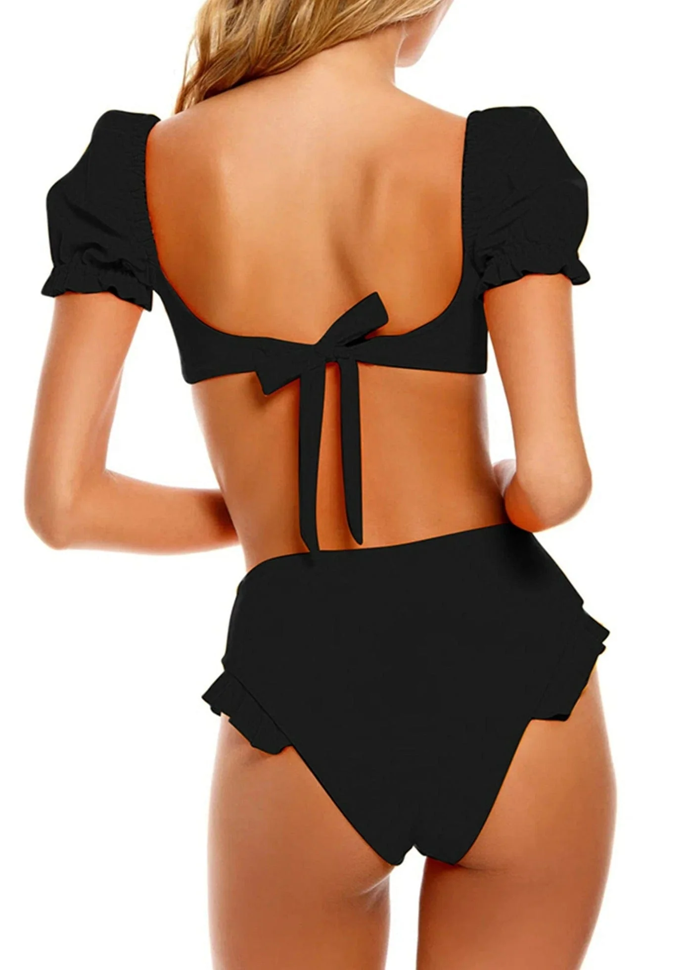 Puff Sleeve Sweetheart Ruffled High Rise Bikini Set - Image 2