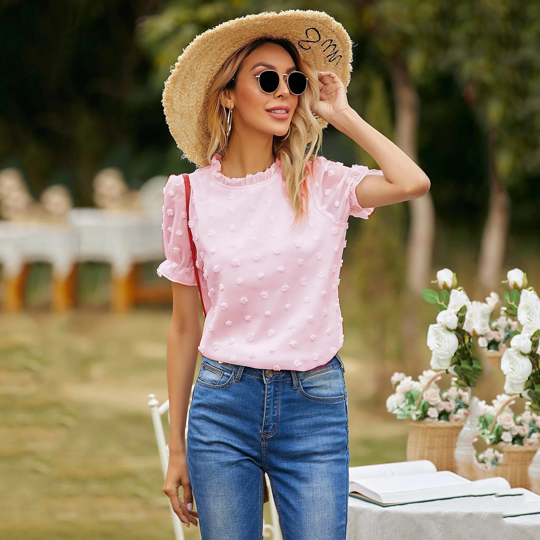 Puffed Sleeve Clip Dot Blouse - Image 6