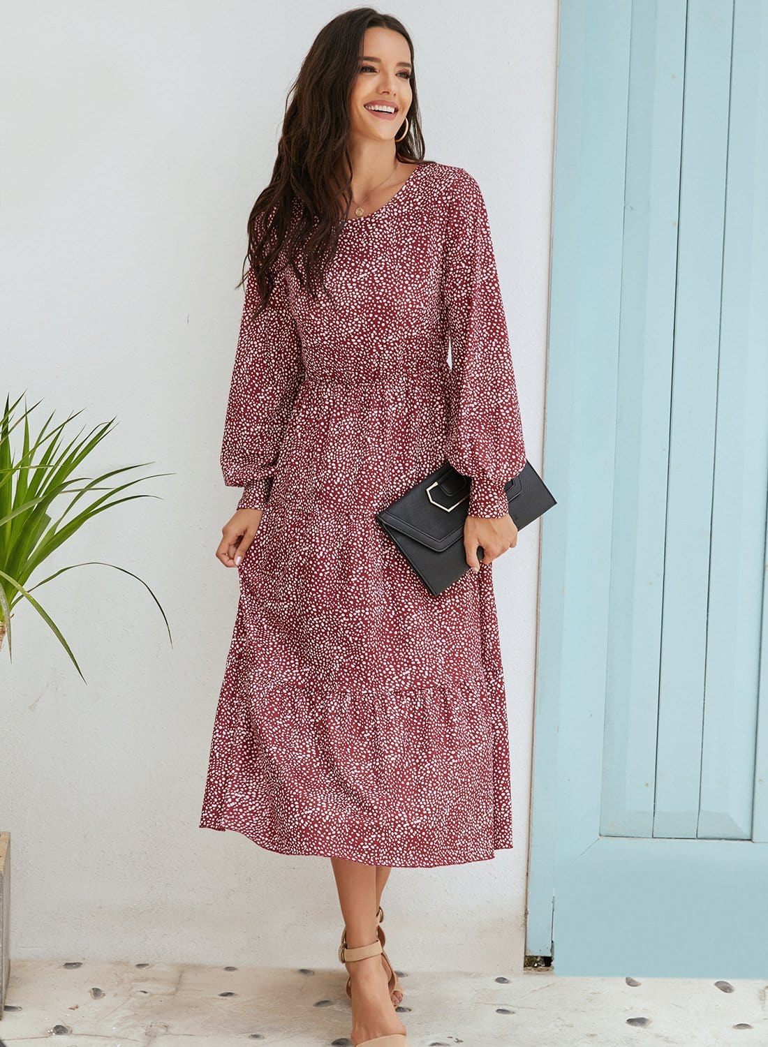Puffed Sleeve Gathered A-Line Dress - Image 4