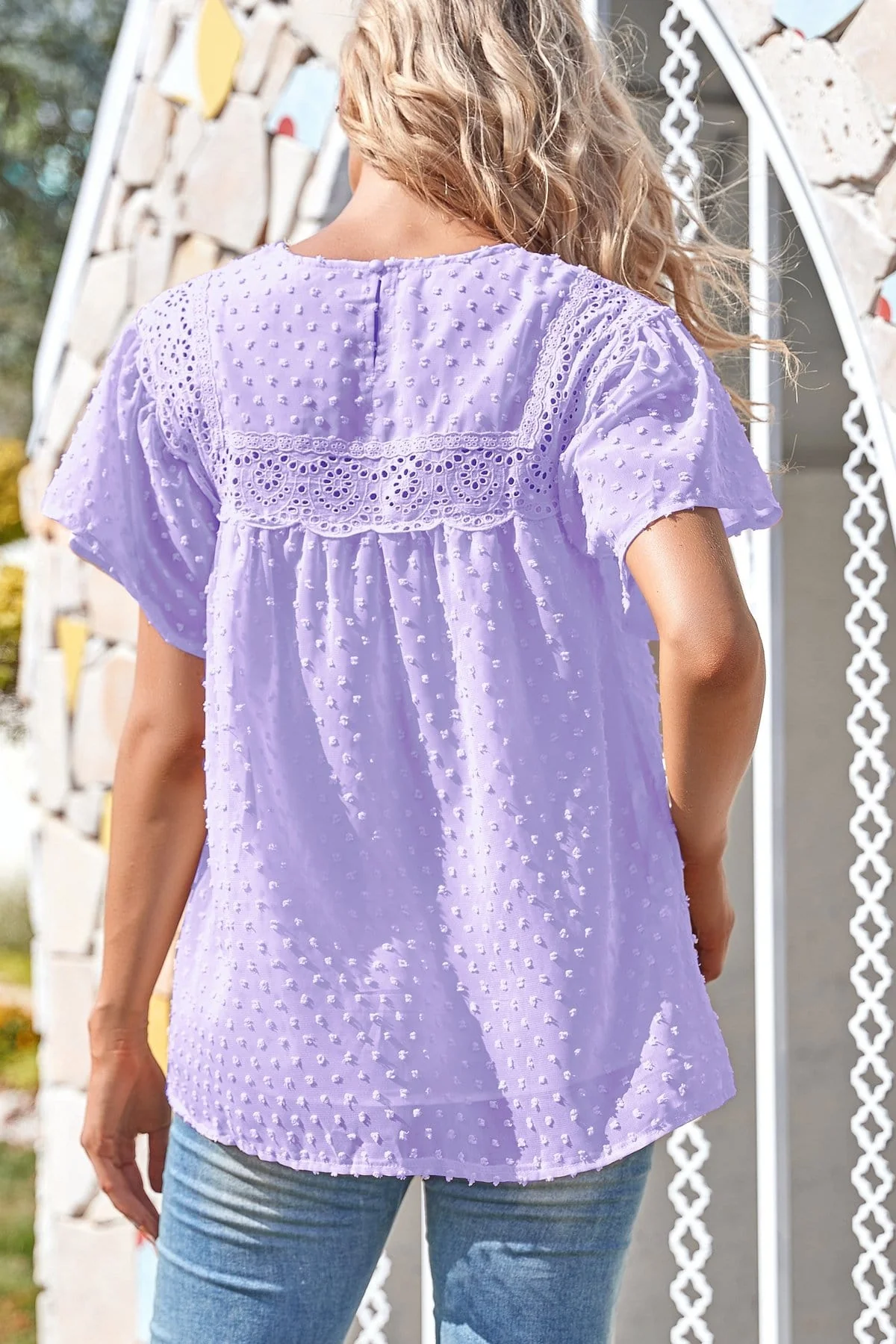 Puffed Sleeve Lace Clip Dot Blouse - Image 18