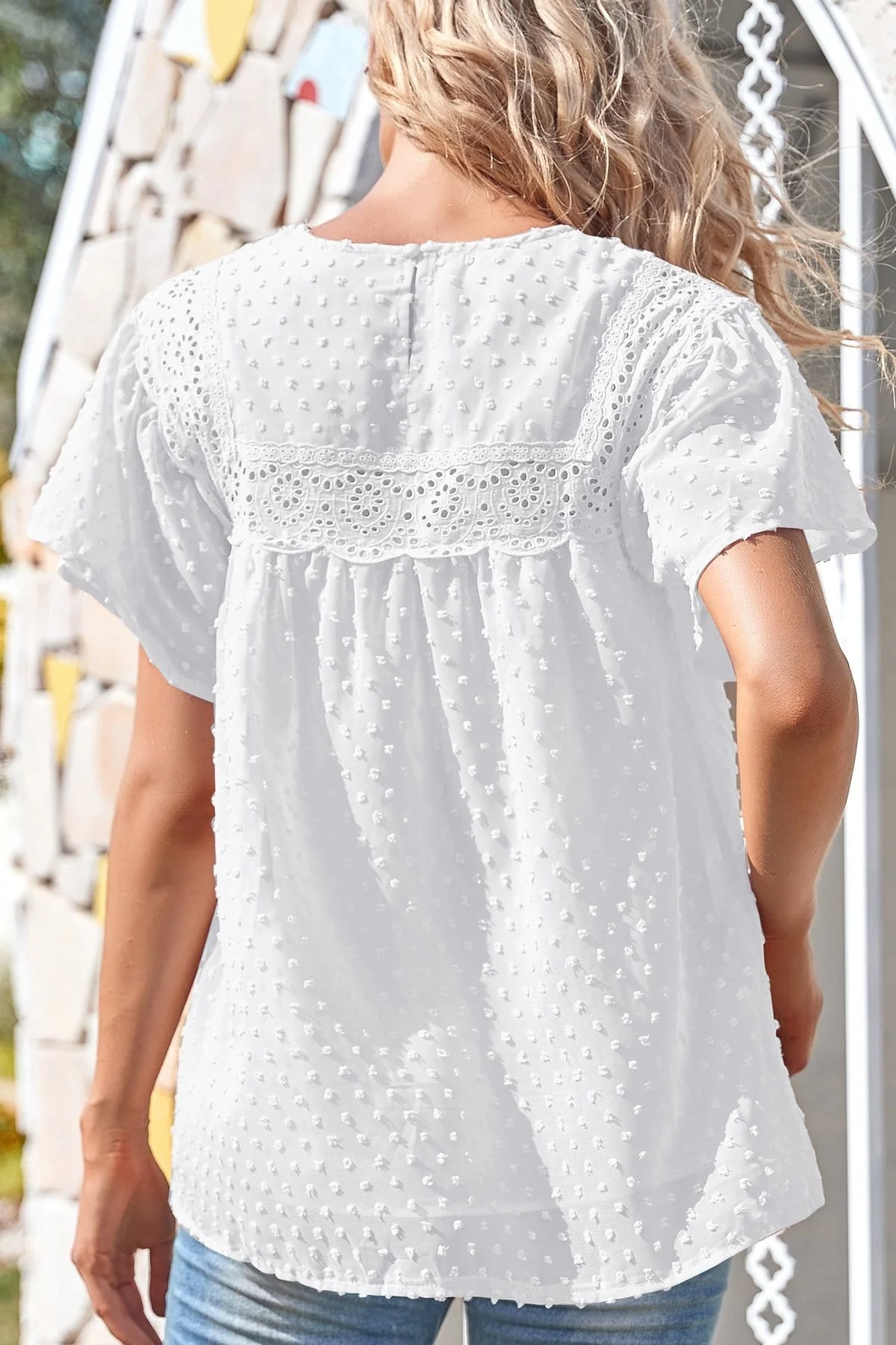 Puffed Sleeve Lace Clip Dot Blouse - Image 3