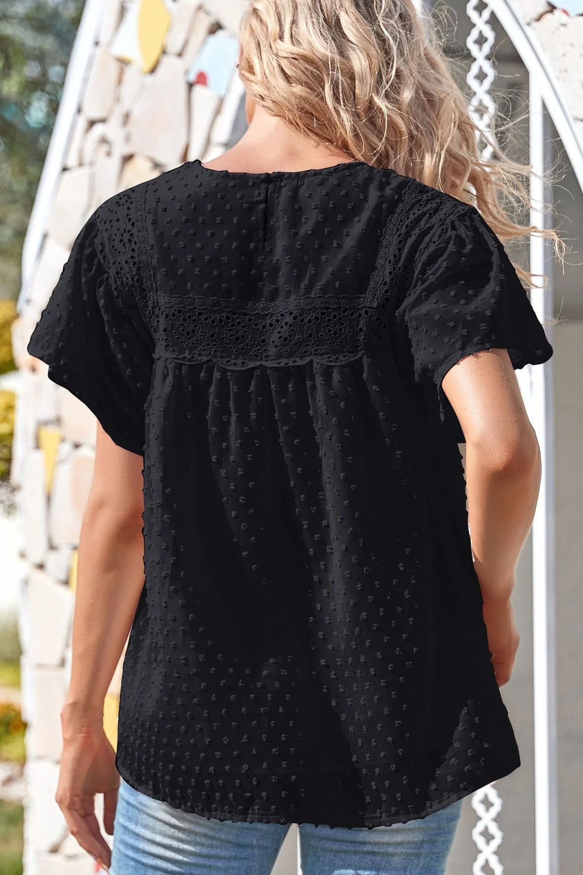 Puffed Sleeve Lace Clip Dot Blouse - Image 6