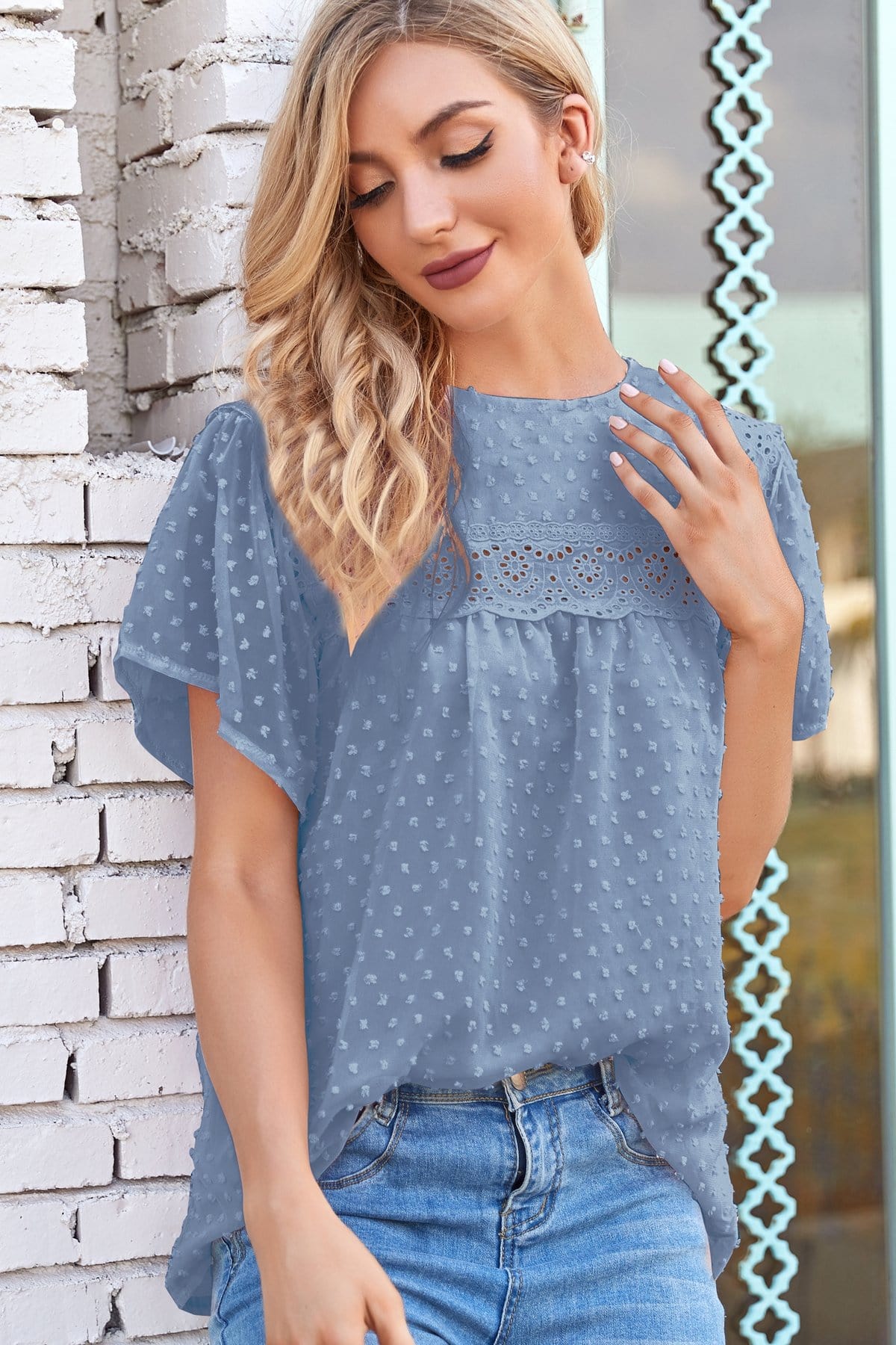 Puffed Sleeve Lace Clip Dot Blouse - Image 7