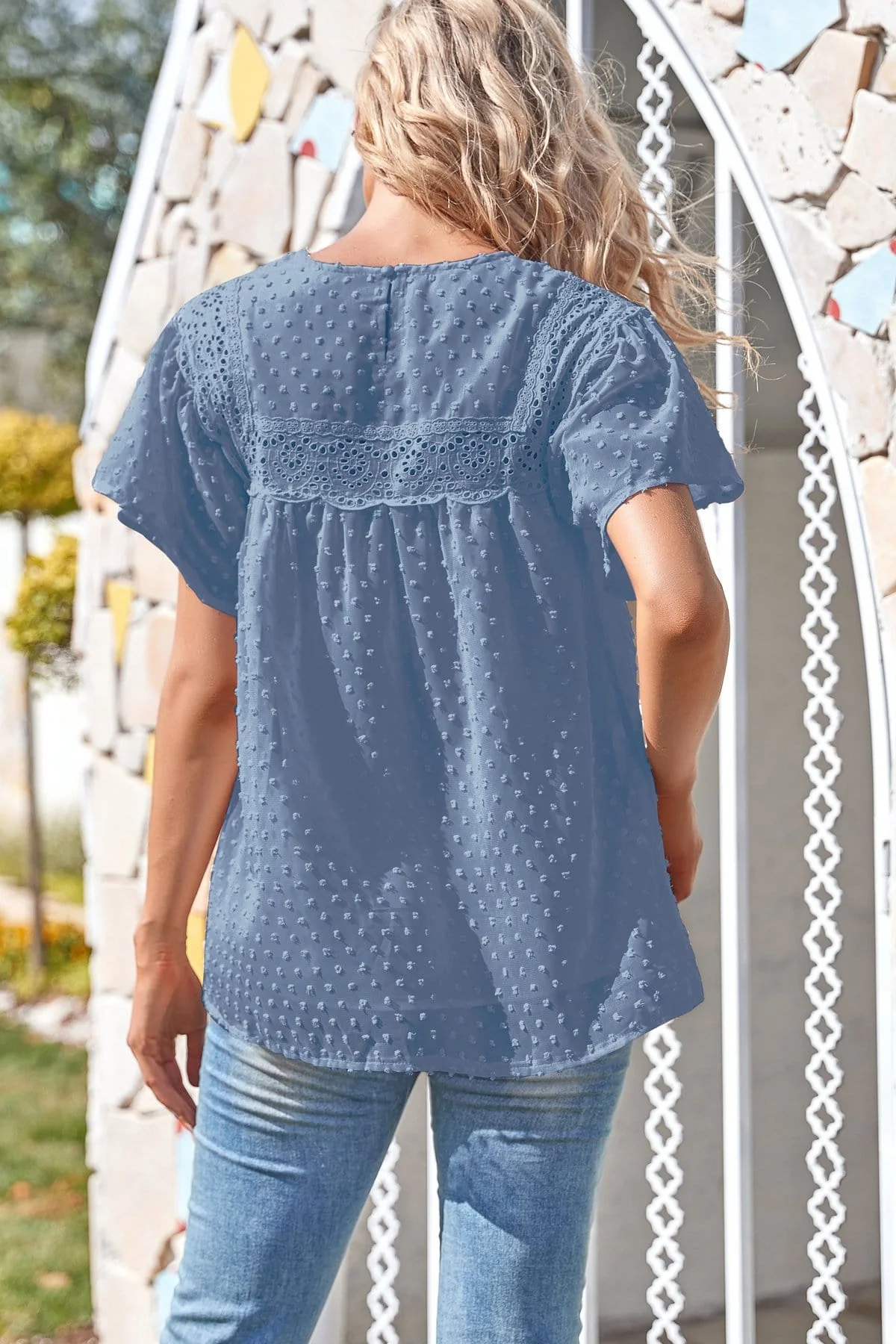 Puffed Sleeve Lace Clip Dot Blouse - Image 9