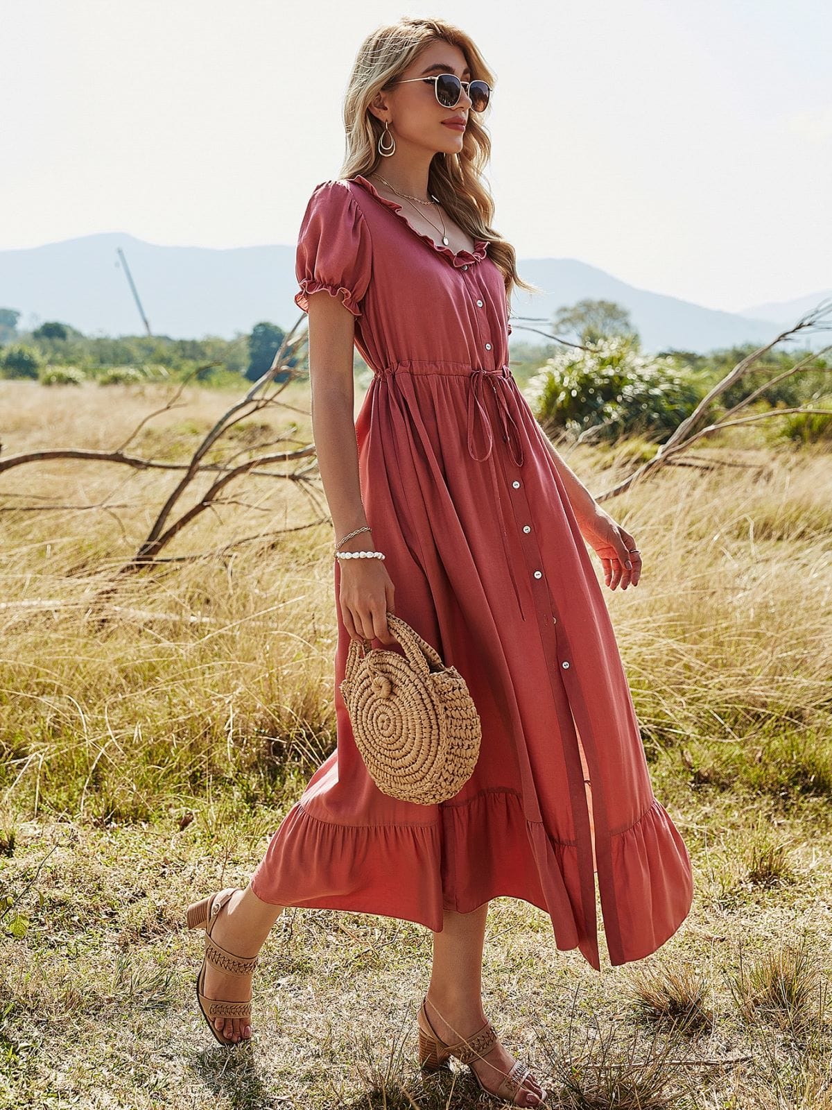 Puffed Sleeve Ruffle Dress - Image 6