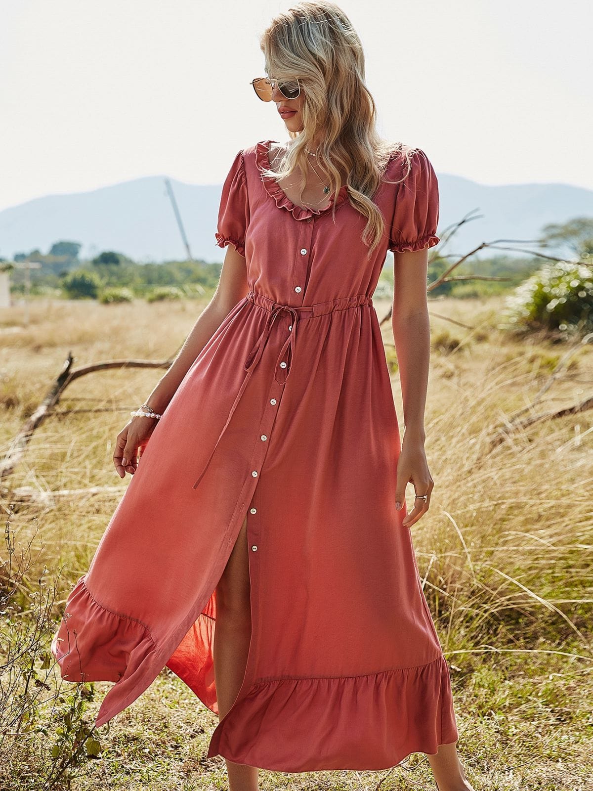 Puffed Sleeve Ruffle Dress - Image 8