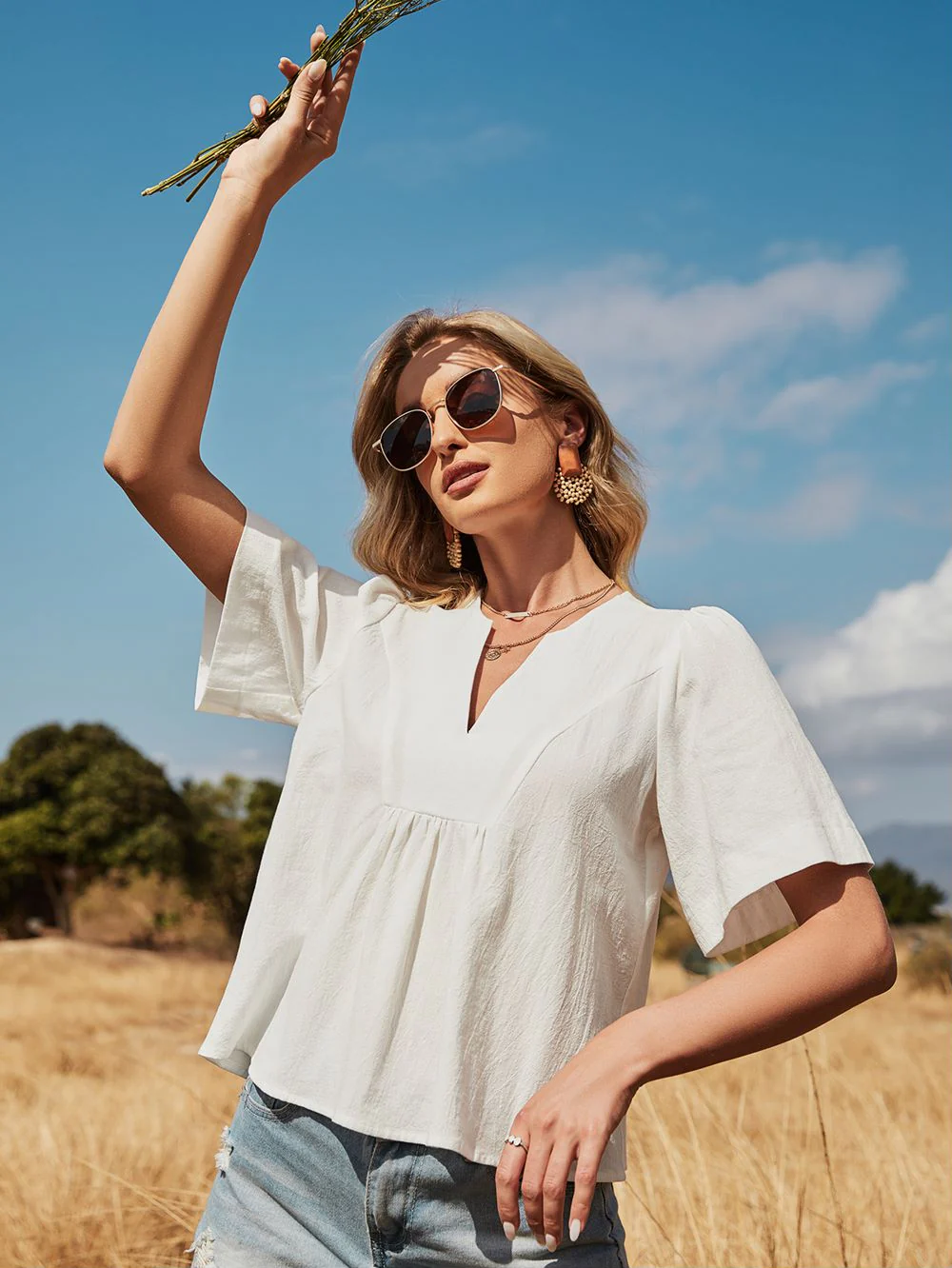 Puffed Sleeve V-Neck Blouse - Image 2