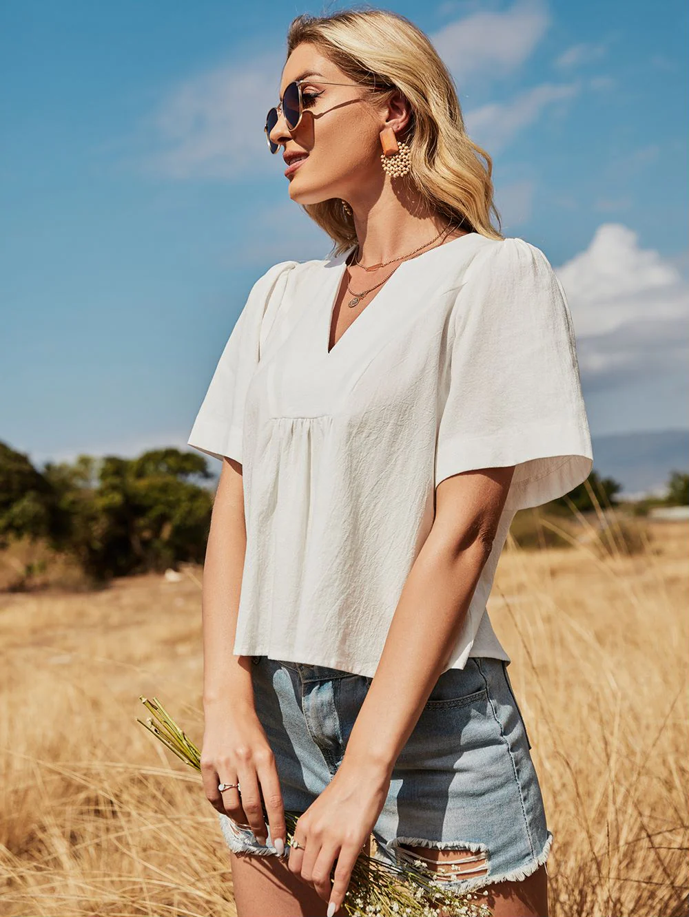 Puffed Sleeve V-Neck Blouse - Image 3