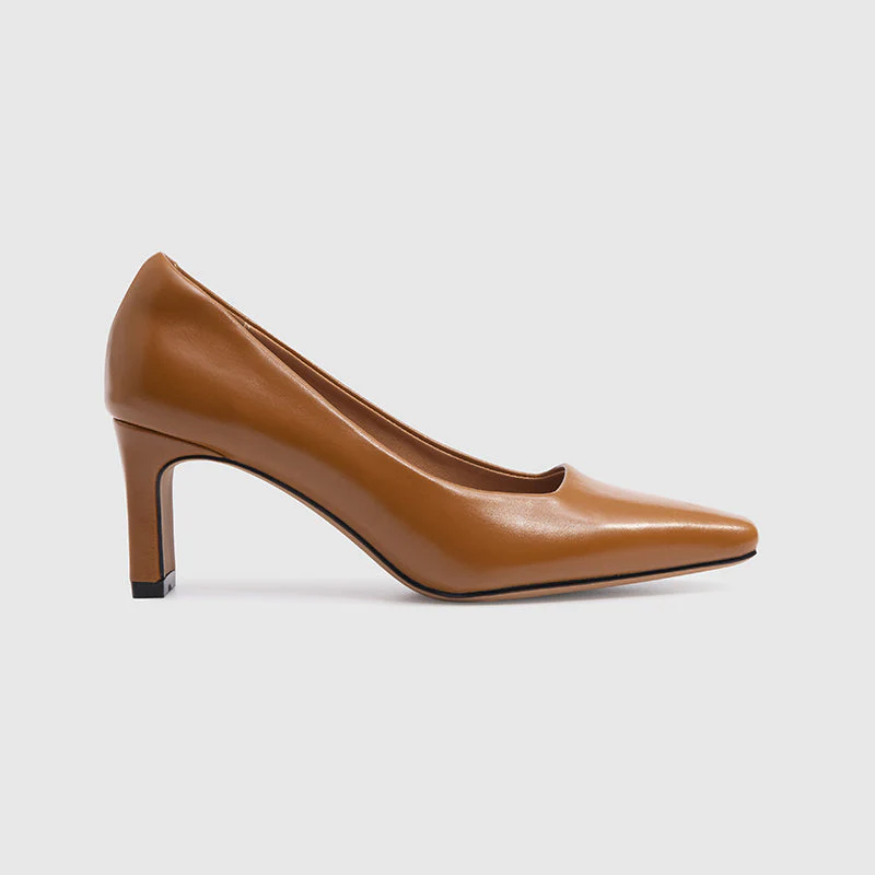 Square Toe Chunky Heeled Pumps Brown - Image 2