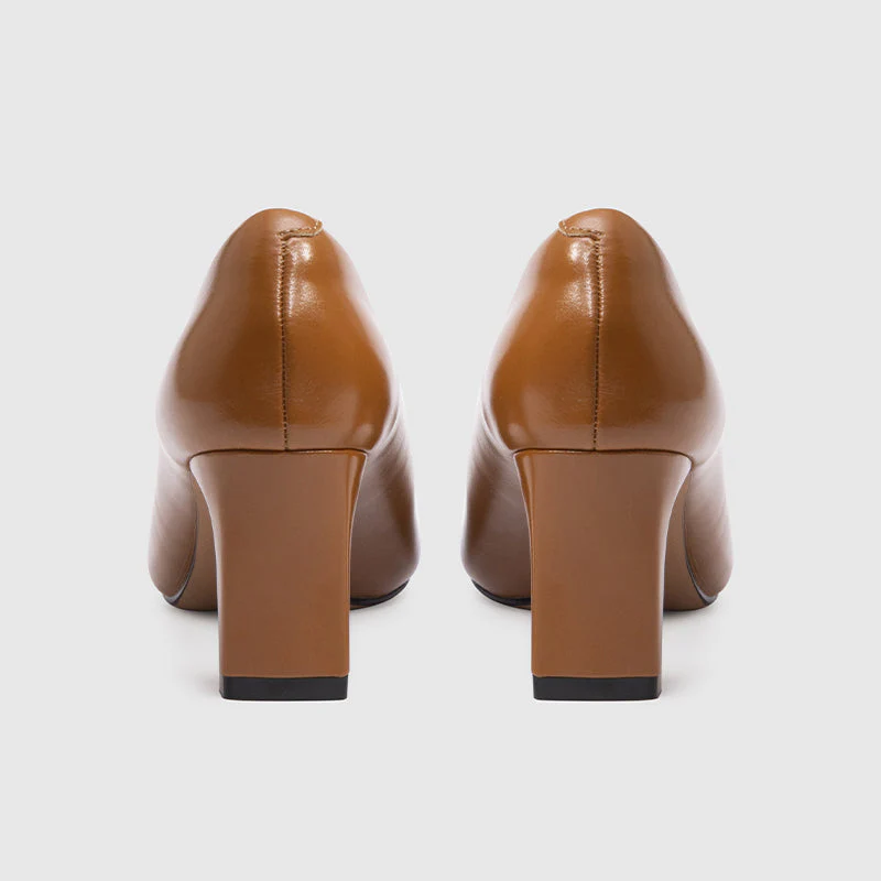 Square Toe Chunky Heeled Pumps Brown - Image 4