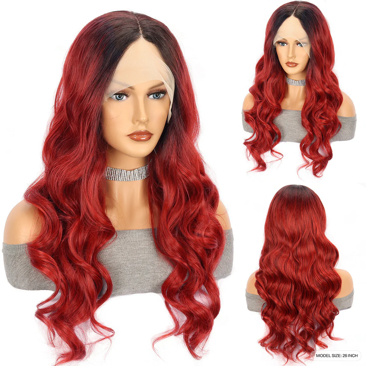 Red Large Wave Long Curly Hair Chemical Fiber Head Cover - Image 3