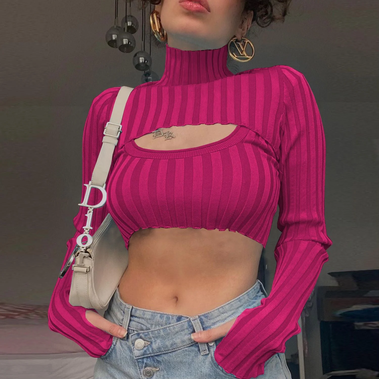 Ribbed Cropped Scoop Bra Tank & Mock Neck Bolero Set - Image 13