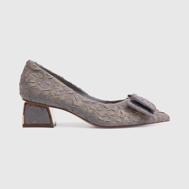 Satin Pointy Toe Chunky Heels Pumps Purple - Image 2