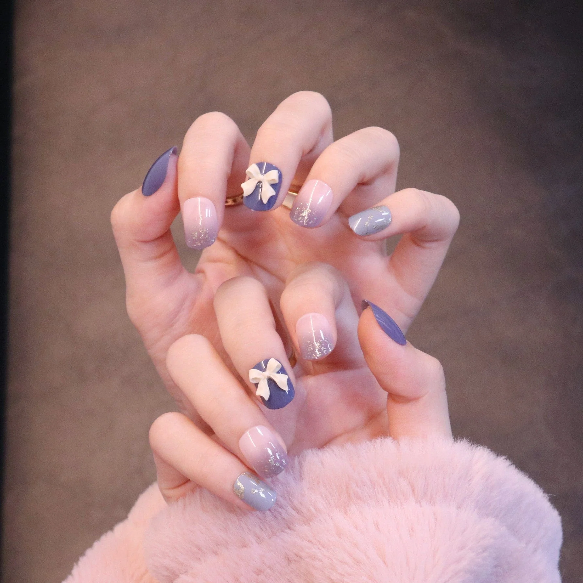 Short Squared Oval Purple Press On Nails with Bow Charm - Image 2