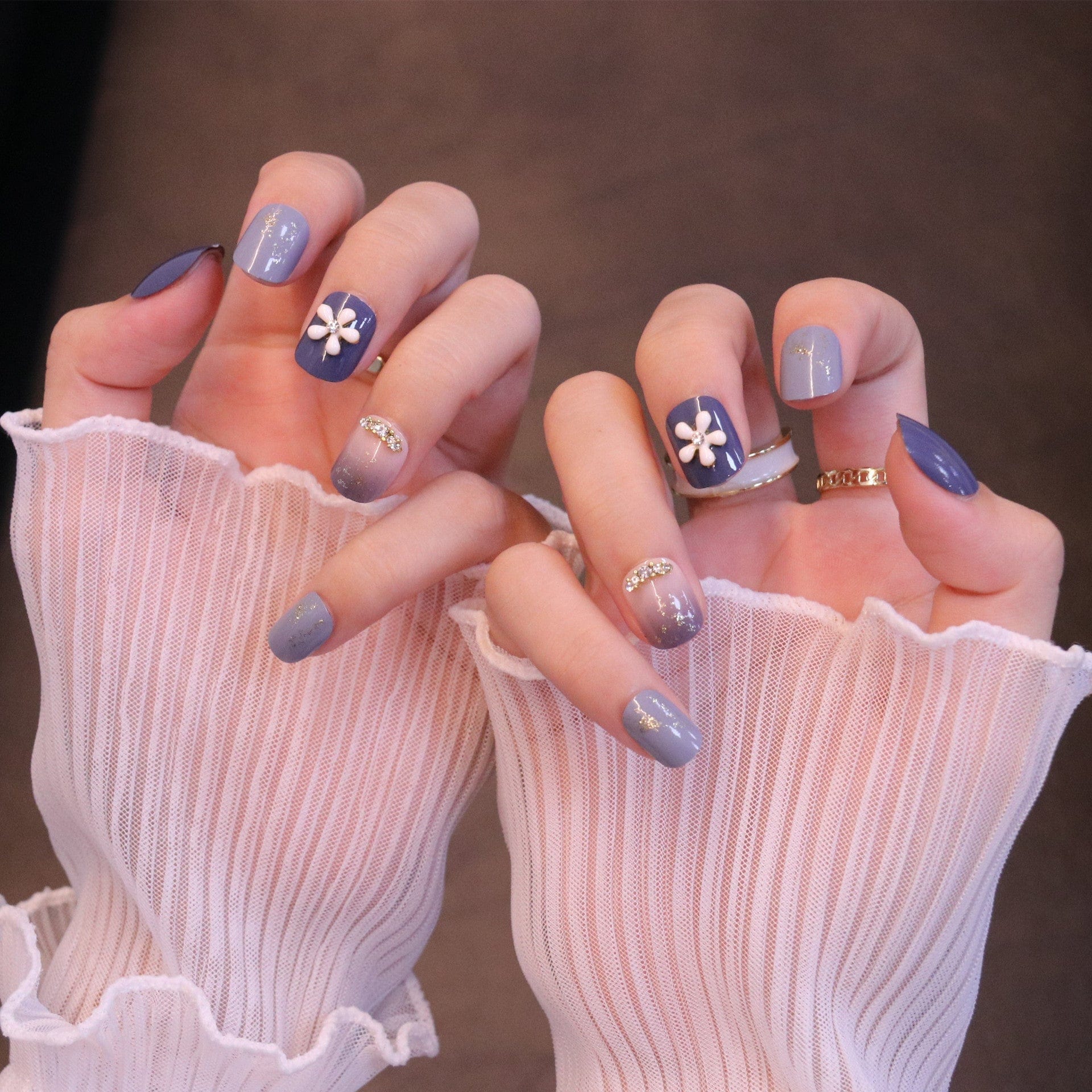 Short Squared Oval Purple Press On Nails with Flower Charm and Crystals - Image 2