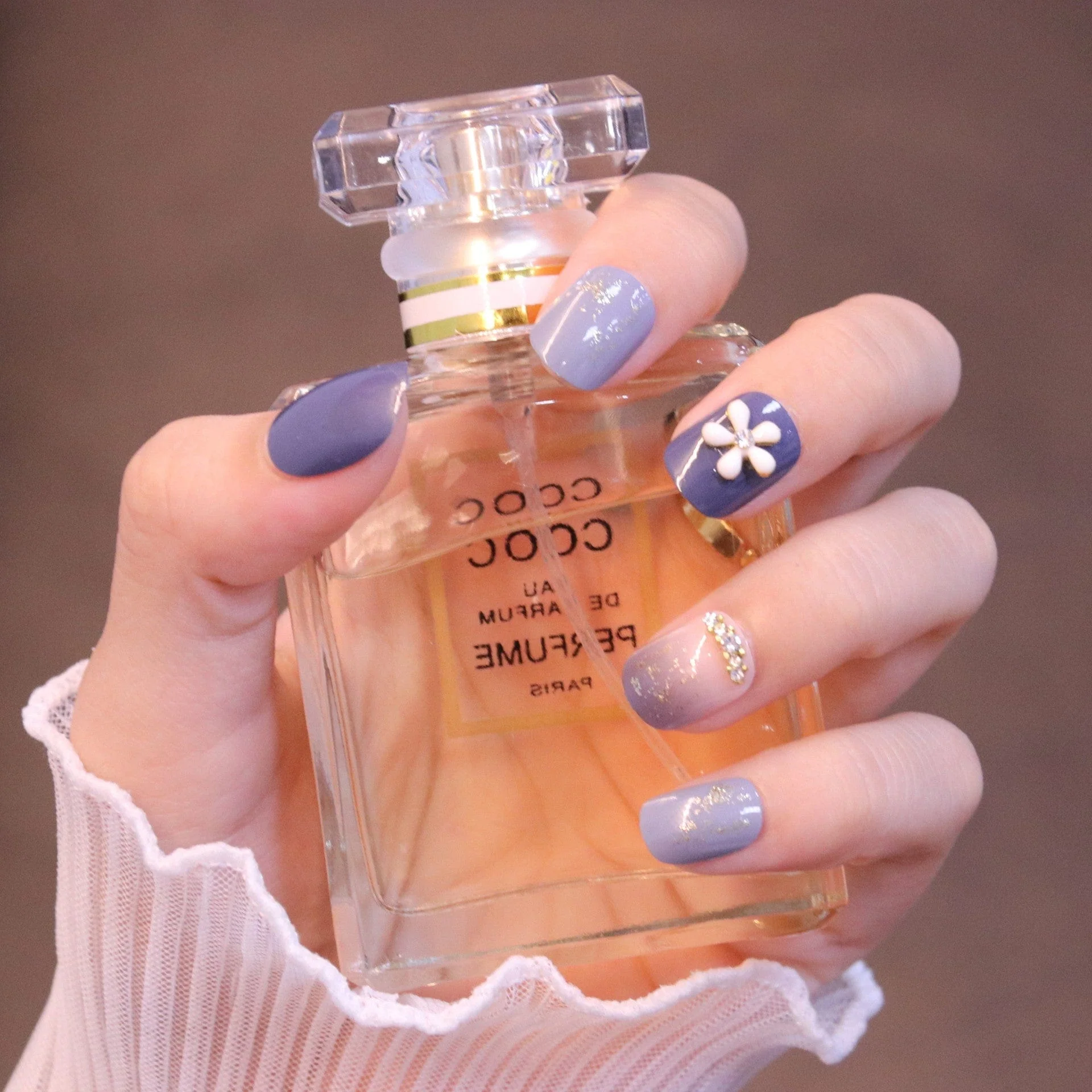 Short Squared Oval Purple Press On Nails with Flower Charm and Crystals - Image 3