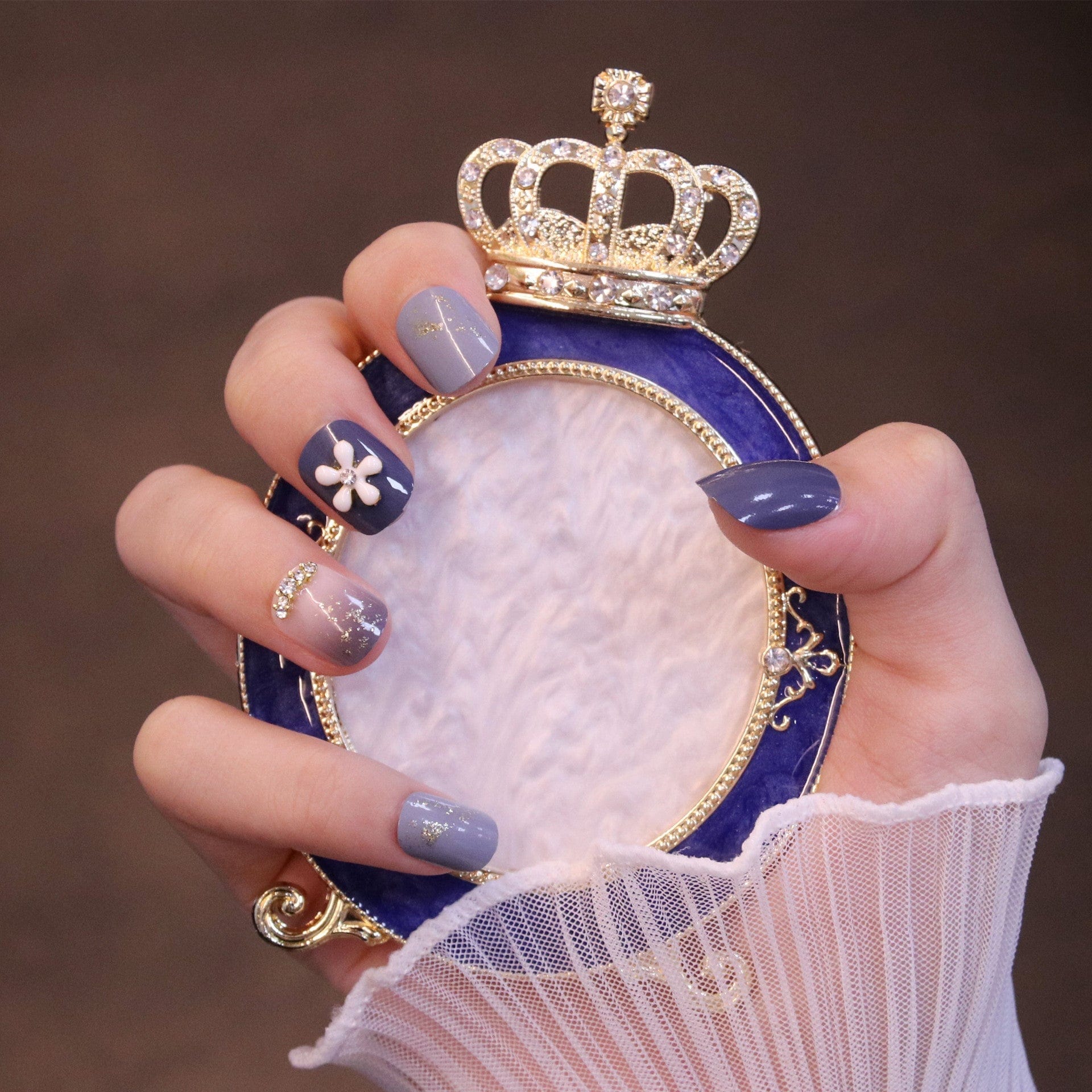 Short Squared Oval Purple Press On Nails with Flower Charm and Crystals - Image 4