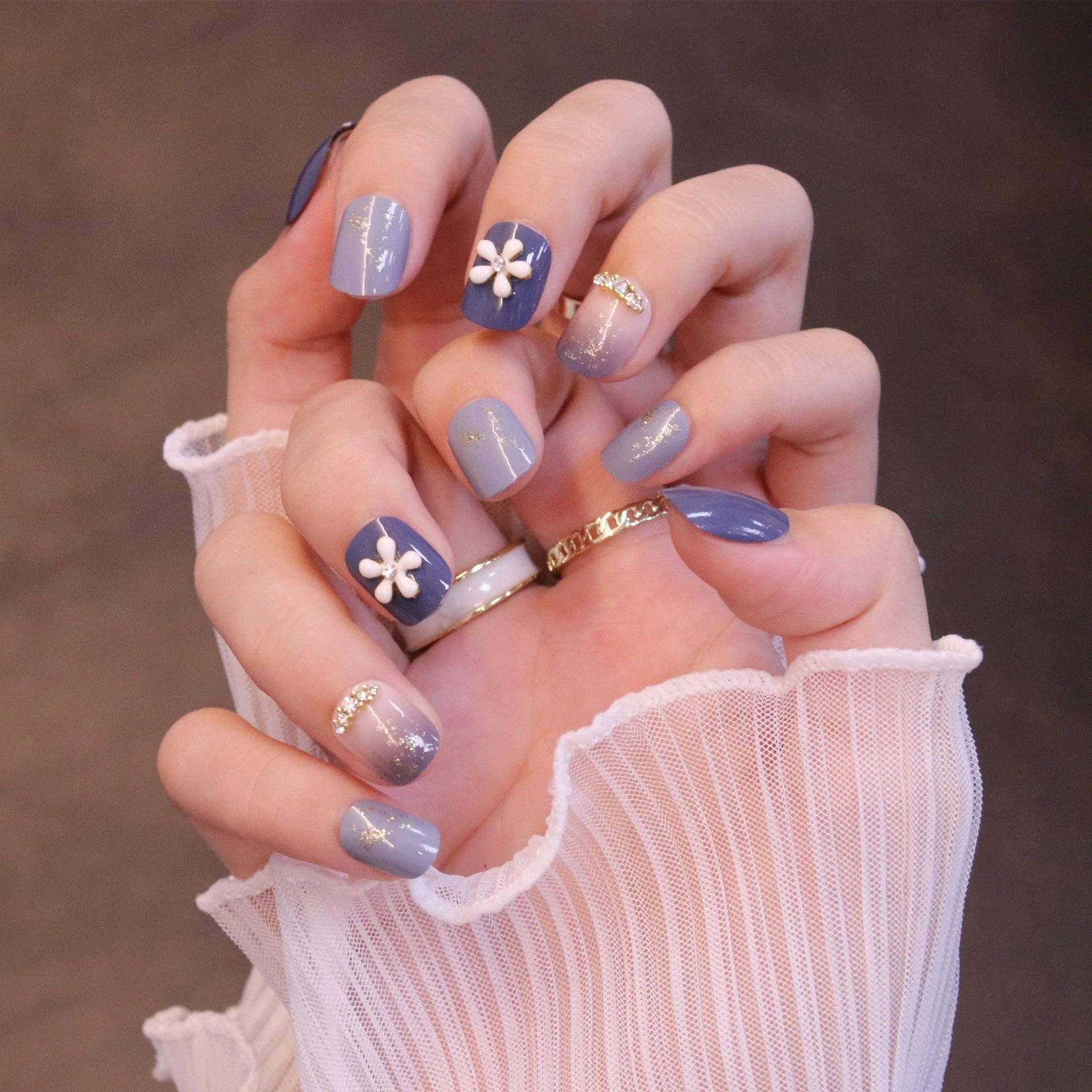 Short Squared Oval Purple Press On Nails with Flower Charm and Crystals - Image 5