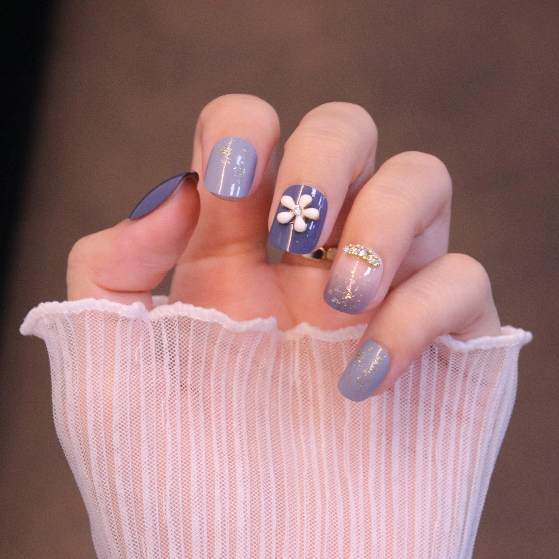 Short Squared Oval Purple Press On Nails with Flower Charm and Crystals - Image 6