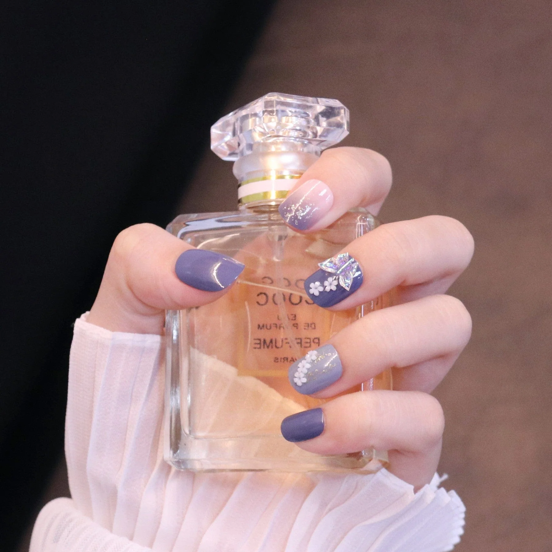 Short Squared Oval Purple Press On Nails with Iridescent Butterfly and Flowers - Image 3