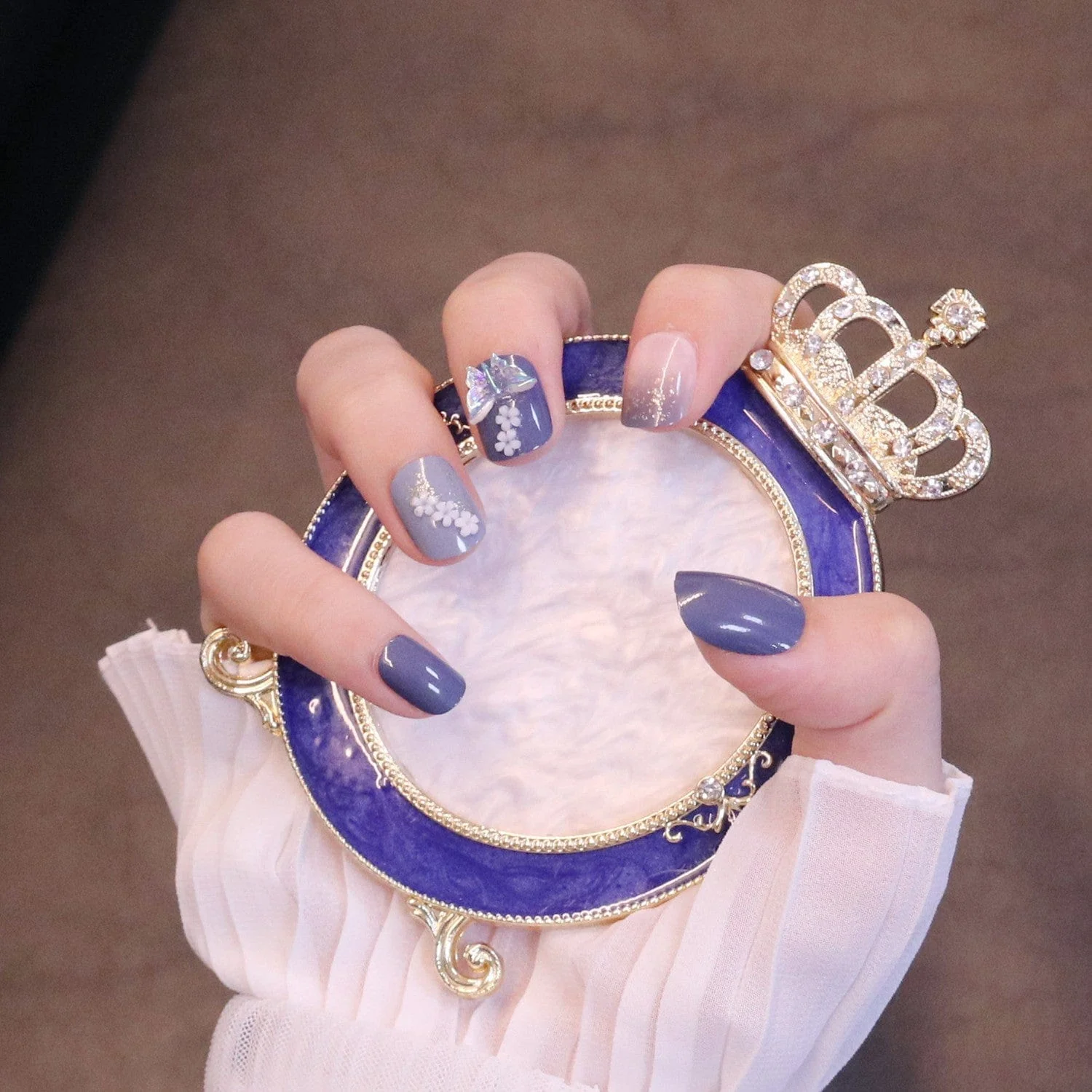Short Squared Oval Purple Press On Nails with Iridescent Butterfly and Flowers - Image 4