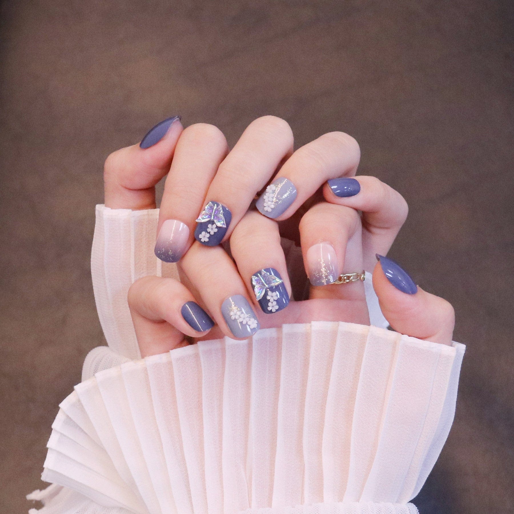 Short Squared Oval Purple Press On Nails with Iridescent Butterfly and Flowers - Image 5