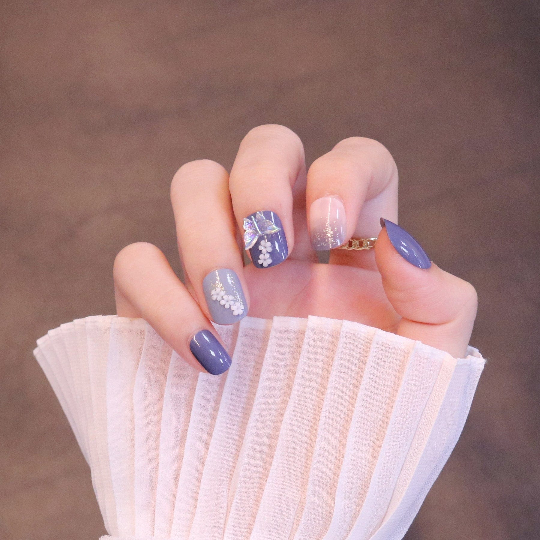Short Squared Oval Purple Press On Nails with Iridescent Butterfly and Flowers - Image 6
